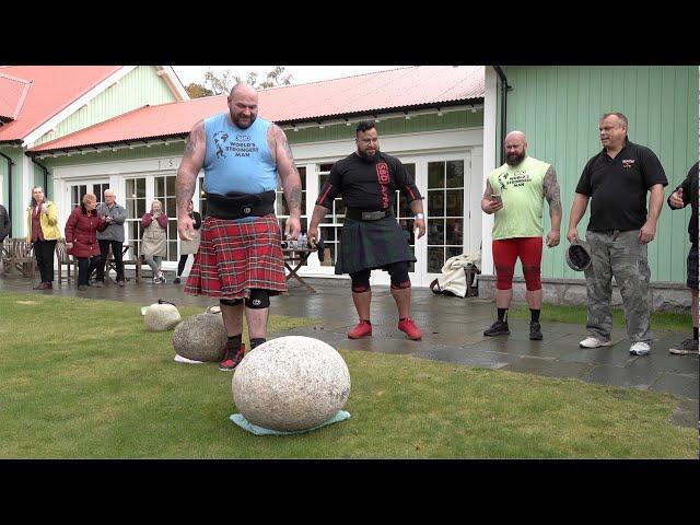 Worlds Strongest Men take on the 207kg Scottish Invercauld Stone lift challenge in Braemar, Scotland