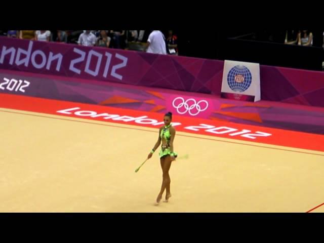 Russian rhythmic gymnast Daria Dmitrieva in the finals of the the London 2012 Olympics. (clubs)