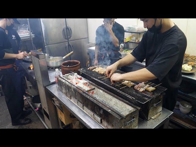 Various cuts of chicken skewers, fresh and very affordable yakitori - Japanese street food