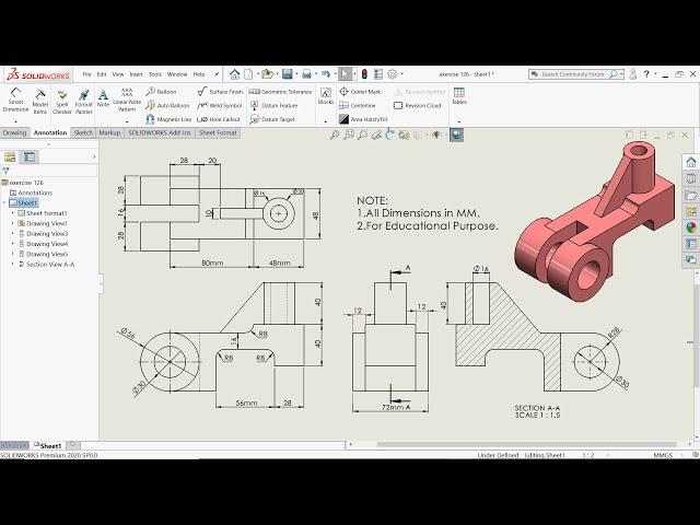 SolidWorks Drawing Basics Model view, Projected view, Section view, edit Sheet format, Dimensions