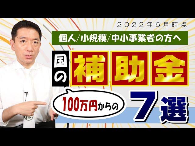 【最新版：国の補助金７選】個人・小規模 / 100万円から / IT補助 / ものづくり補助 / 持続化補助 / 人材確保等助成 / 産業雇用安定助成 等〈22年6月時点〉