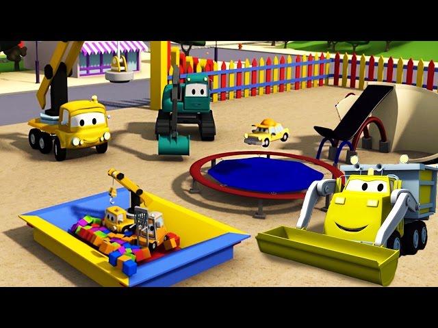 Construction Squad: Dump Truck, Crane and Excavator build a Trampoline for the babies in Car City