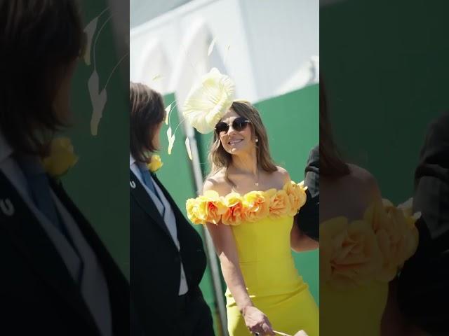 Welcome to Flemington Elizabeth and Damian Hurley #melbournecup #cupday #birdcage #flemington