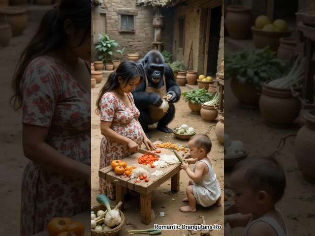 Tears & Tomatoes!  Gorilla Cries While Baby Learns Chopping in Village Courtyard