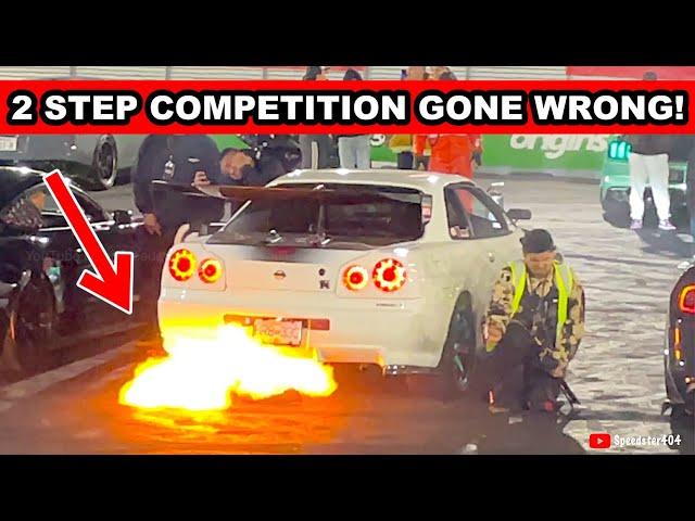 CRAZIEST 2 Step Competition Gone Wrong! R34 GTR Caught On Fire vs R35 vs Mustang vs Aventador vs S13