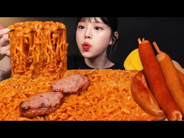 Spicy Carbo Buldak Noodles with Giant Sausage & Kielbasa Mukbang ASMR