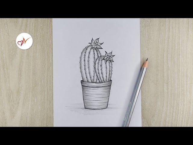 How to draw beautiful cactus plant with flowers | Pencil sketch drawing easy