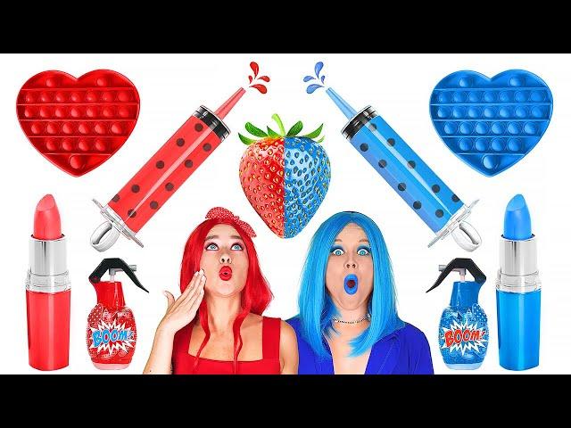 BLUE VS RED FOOD CHALLENGE || Eating Only 1 Color Food For 24 HRS! Mukbang by 123 GO! FOOD