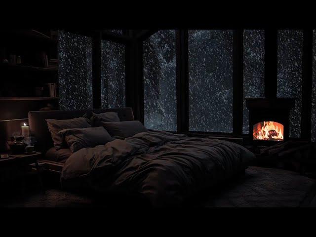 The ambiance felt from the window of the cabin on a cold snowy winter day | Warm, relaxing fireplace