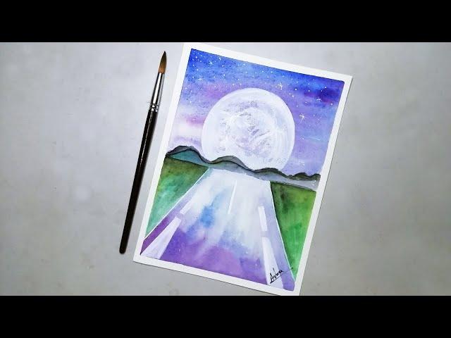 Road to the Moon / Easy Watercolor Moon Painting Step by Step / Antara Art Cafe / DC #80