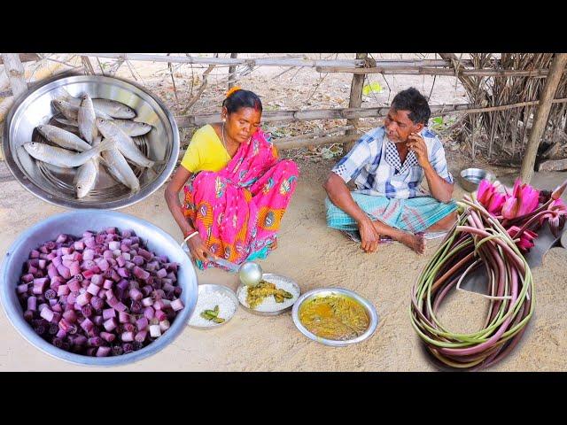 BATA FISH CURRY with RED SAPLA and BRINJAL FRY cooking & eating by santali tribe old couple