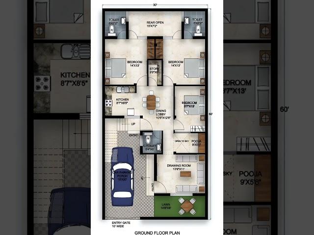 30x60 house plan with car parking #housedesign #houseplan #homedesign #homeplan #shorts