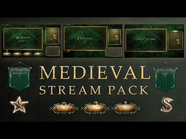 Green Twitch Pack Medieval Fantasy Theme Stream Overlay Package - Green and Gold Stream Pack