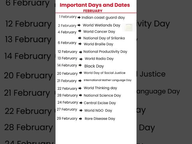 ||Important Dates and Days || |February |  ##learning lane