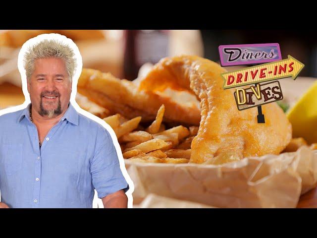 Guy Fieri Eats Beer-Battered SALMON Fish and Chips | Diners, Drive-Ins and Dives | Food Network