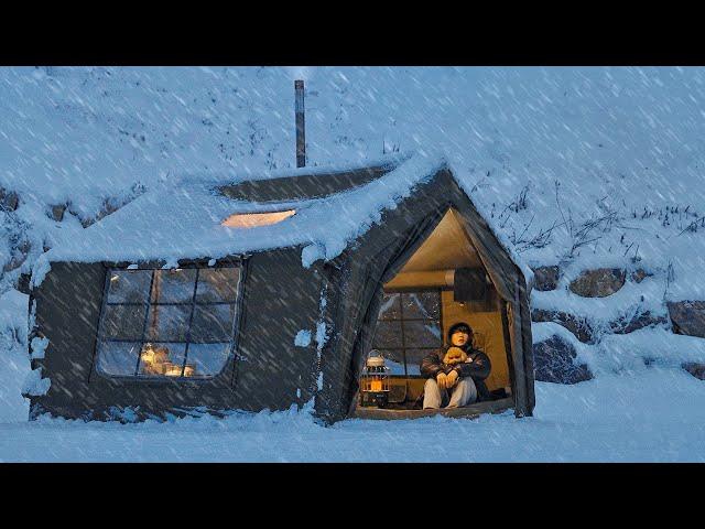 Camping in Heavy Snow with My Dog . Inflatable Hot Tent . Wood Stove ASMR