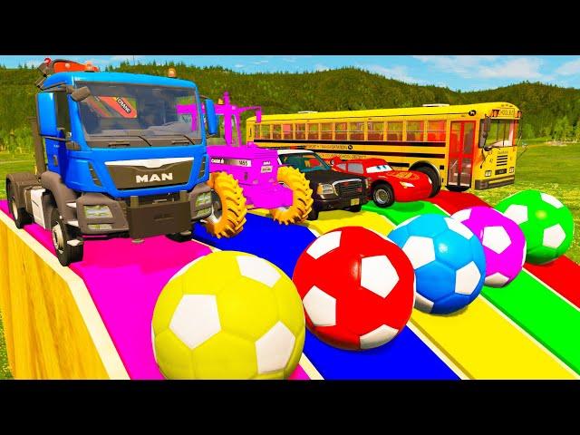 Double Flatbed Trailer Truck vs Speedbumps - Cars vs Slide Colors - Big & Small Bus Mcqueen vs Train