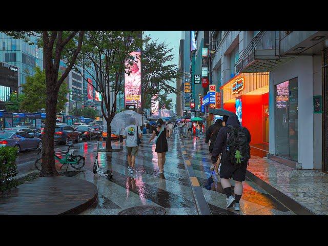 Walk in the Rain Gangnam Street Seoul and Ambience Sounds | Travel Korea 4K HDR