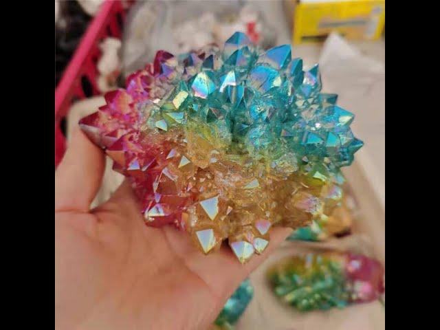 Natural Electroplated Angel Aura Quartz Crystal Cluster Polychromatic Rose Quartz Flower Specimens