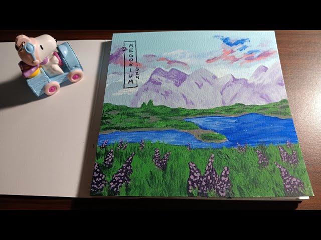 Painting a landscape with purple flowers - Super long video.