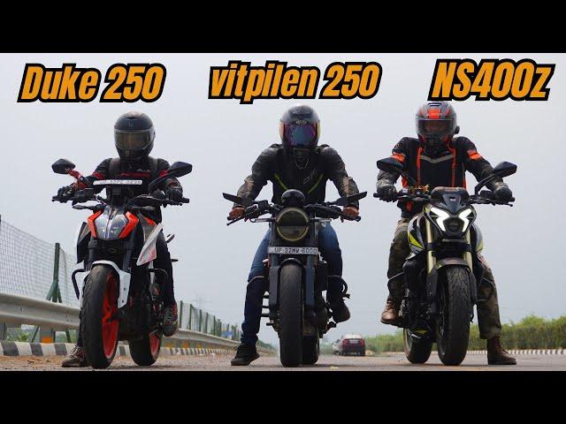 NS400z vs KTM Duke 250 vs Husqvarna Vitpilen 250 Drag Race