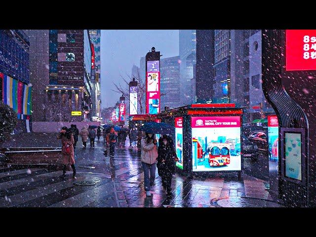 Freezing Snowy Walk on Gangnam District from Day to Night | Snowfall Korea | Christmas Seoul 4K HDR