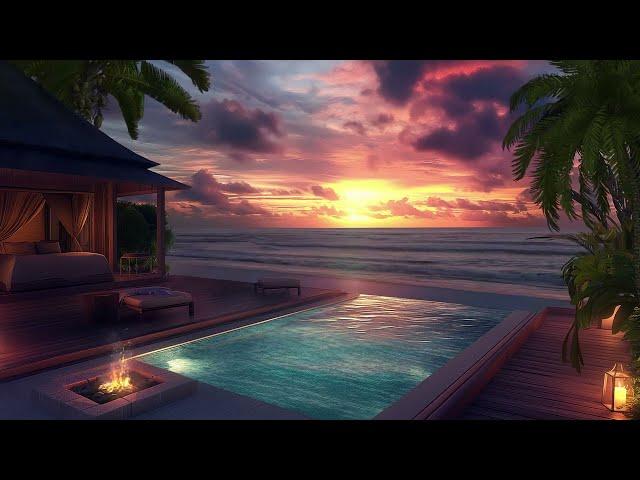 Relax at a Seaside Swimming Pool with Calming Ocean Waves & Fire Sound Tranquil Sunset