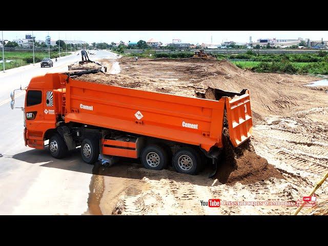 Amazing New Dump Truck Dumping Sand, Shantui Dozer pushing sand, wheel loader filling for foundation