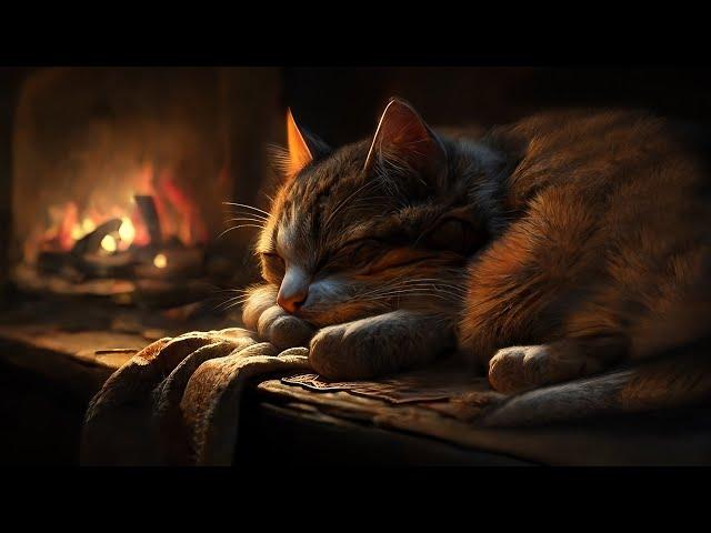 Fall asleep to the Purring of a Cat & Fireplace  Relax in Cozy Winter Hut, Fireplace sound