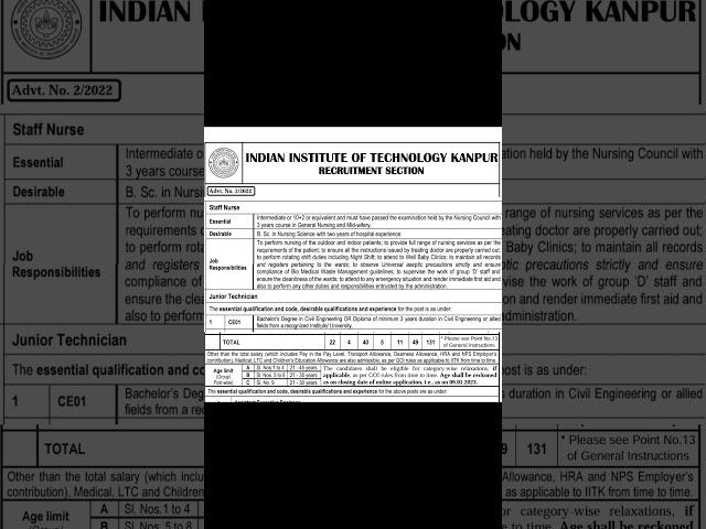 Nursing officer/staff Nurse Vacancy 2022/IIT Kanpur#shorts#nursingofficer#staffnurse#nursing#norcet