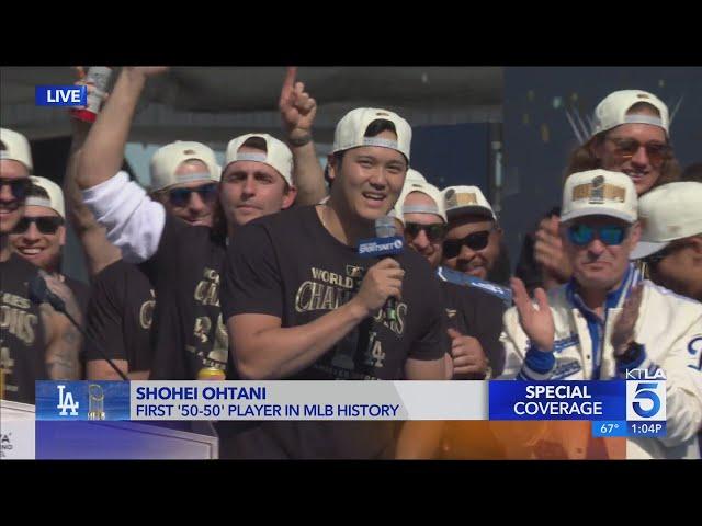 Shohei Ohtani speaks in English to Dodgers World Series rally crowd