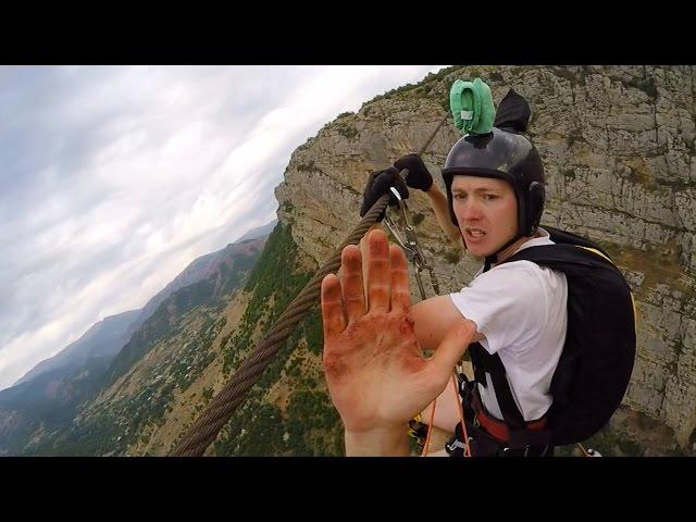 Friday Freakout: Super Sketchy Zipline BASE Jump, Almost Loses Fingers!