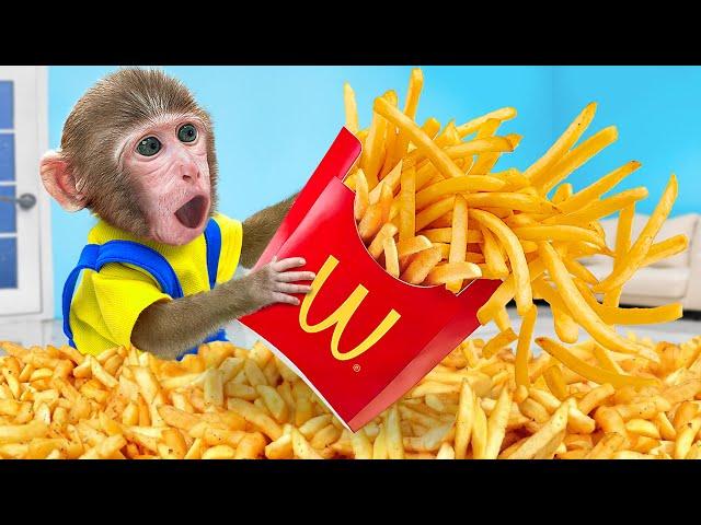 KiKi Monkey perform French Fries Potatoes, Fast Food cooking skill to mukbang | KUDO ANIMAL KIKI