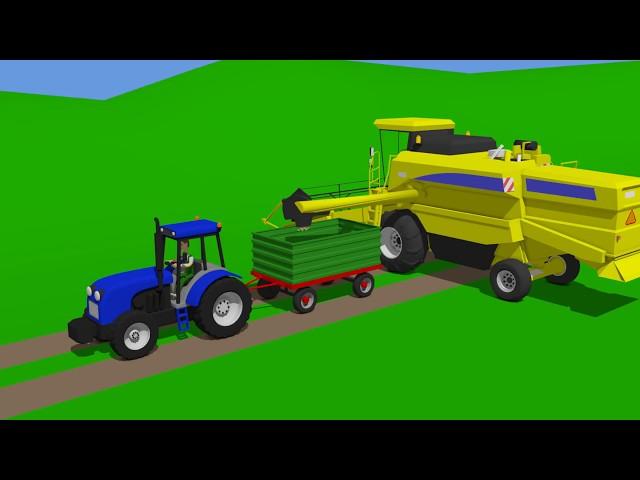 Tractor and Combine Harvester Harvesting a wheat field - cartoons and animations for children