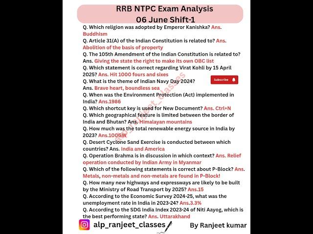 RRB NTPC 6 June 1st Shift Exam Analysis. Railway NTPC Paper Solution Today#rrbntpc #rrb #shorts #yt