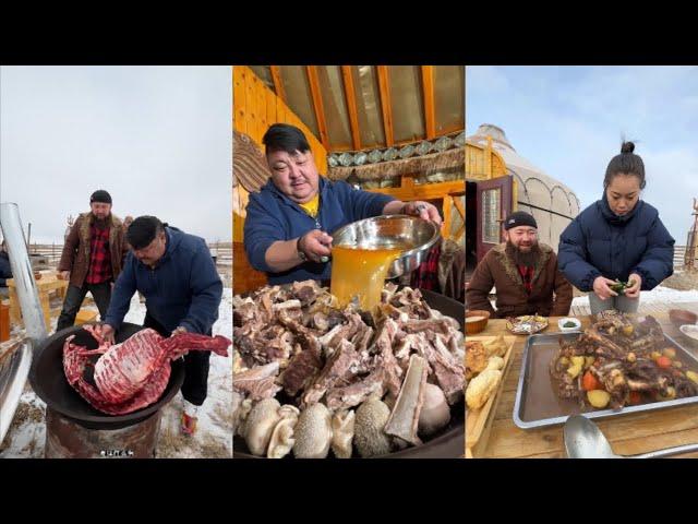 Mongolian Enke cooks and eats meat outdoors in winter! #camping #cooking #village