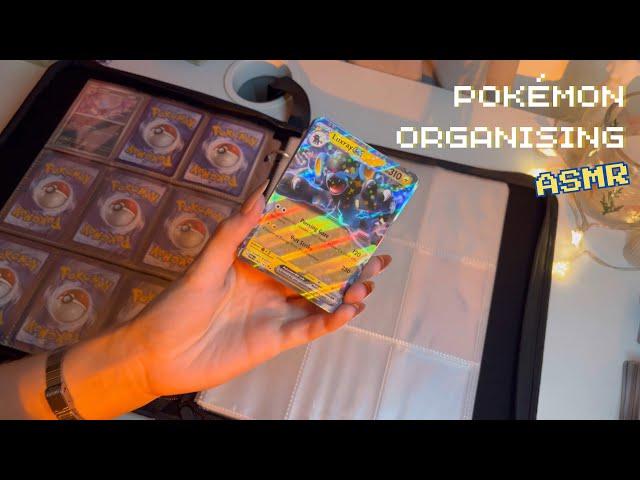 ASMR Pokémon card organising🃏(whispering, card shuffling, plastic sounds)