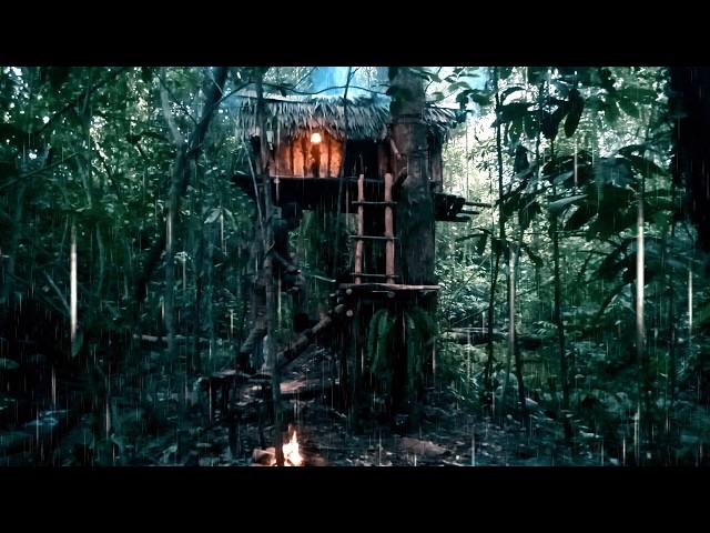 Bushcraft Alone, The Sacredness of Rain, Light, Thunder at Night in the Jungle, Shelter in a Tree