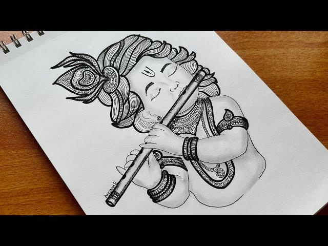 How to draw easy Mandala art of Little Krishna | Balakrishna | Janmashtami | Zentangle doodle art