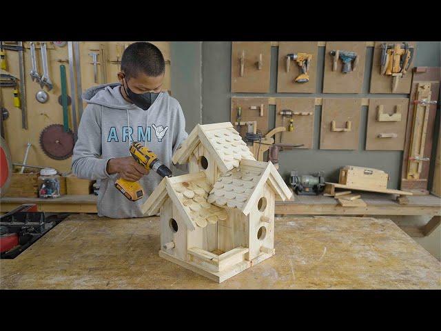 Build DIY woodworking temple bird house and bird feeder