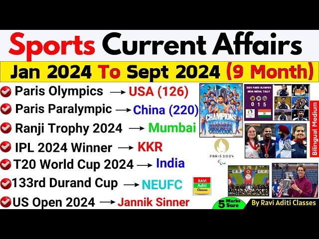 Sports Current Affairs 2024 | January To Sept Current Affairs 2024 | Sports Current Affairs 2024