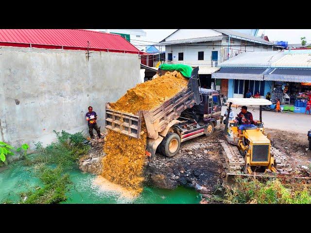 Amazing Landfill Delete Pond Flooded area !! Bulldozer Push stone , truck 5Ton Unloading stone