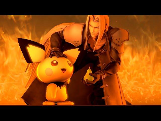 Sephiroth's Smash Ultimate Win Screen, but Pichu is his best friend.