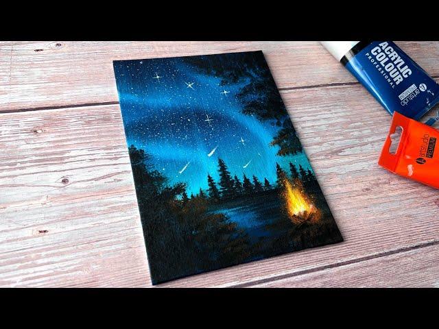 campfire under aurora night sky ️ easy acrylic painting for beginners