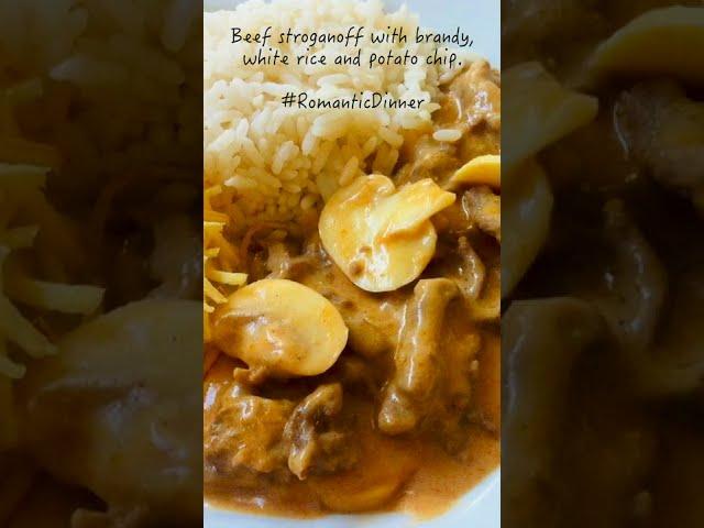 Try My Chow - Beef stroganoff with brandy, white rice and potato chip.