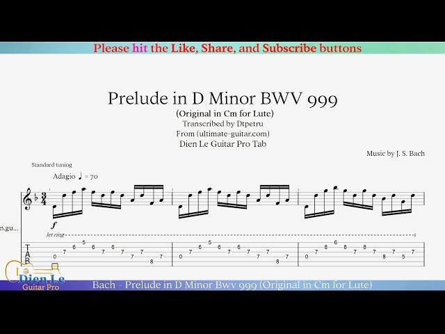 Bach - Prelude in D Minor Bwv 999 (Original in Cm for Lute) arr for Classical Guitar with Tab