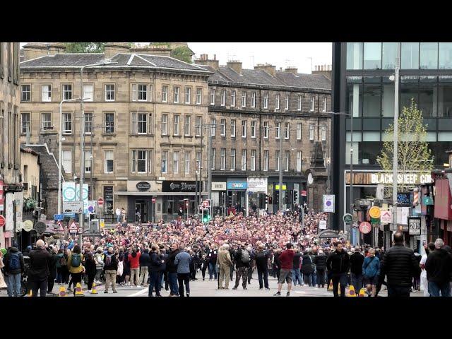 Football fans led by massed pipes & drums for 'Heart of Midlothian 150th Anniversary', Scotland