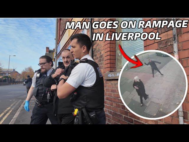 MIDDLE AGED man goes on a RAMPAGE IN LIVERPOOL smashing up SHOPS!!