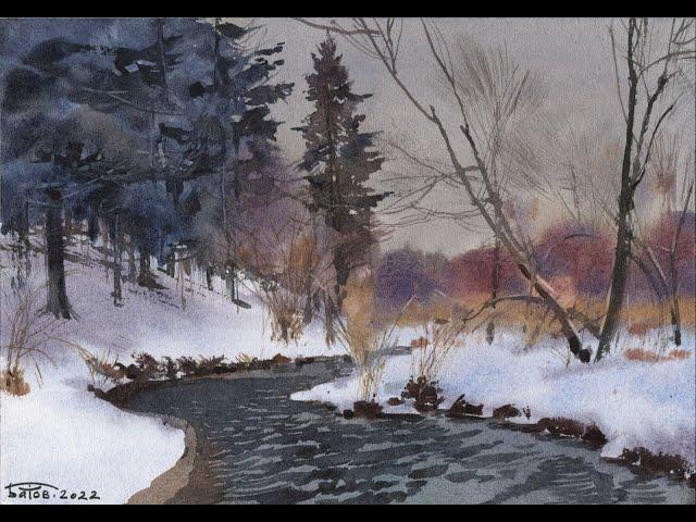 Зимний пейзаж акварелью. Watercolor winter landscape