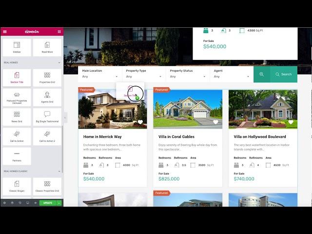 Adding Modern Properties Grid Widget Using Elementor - RealHomes WordPress Real Estate Theme